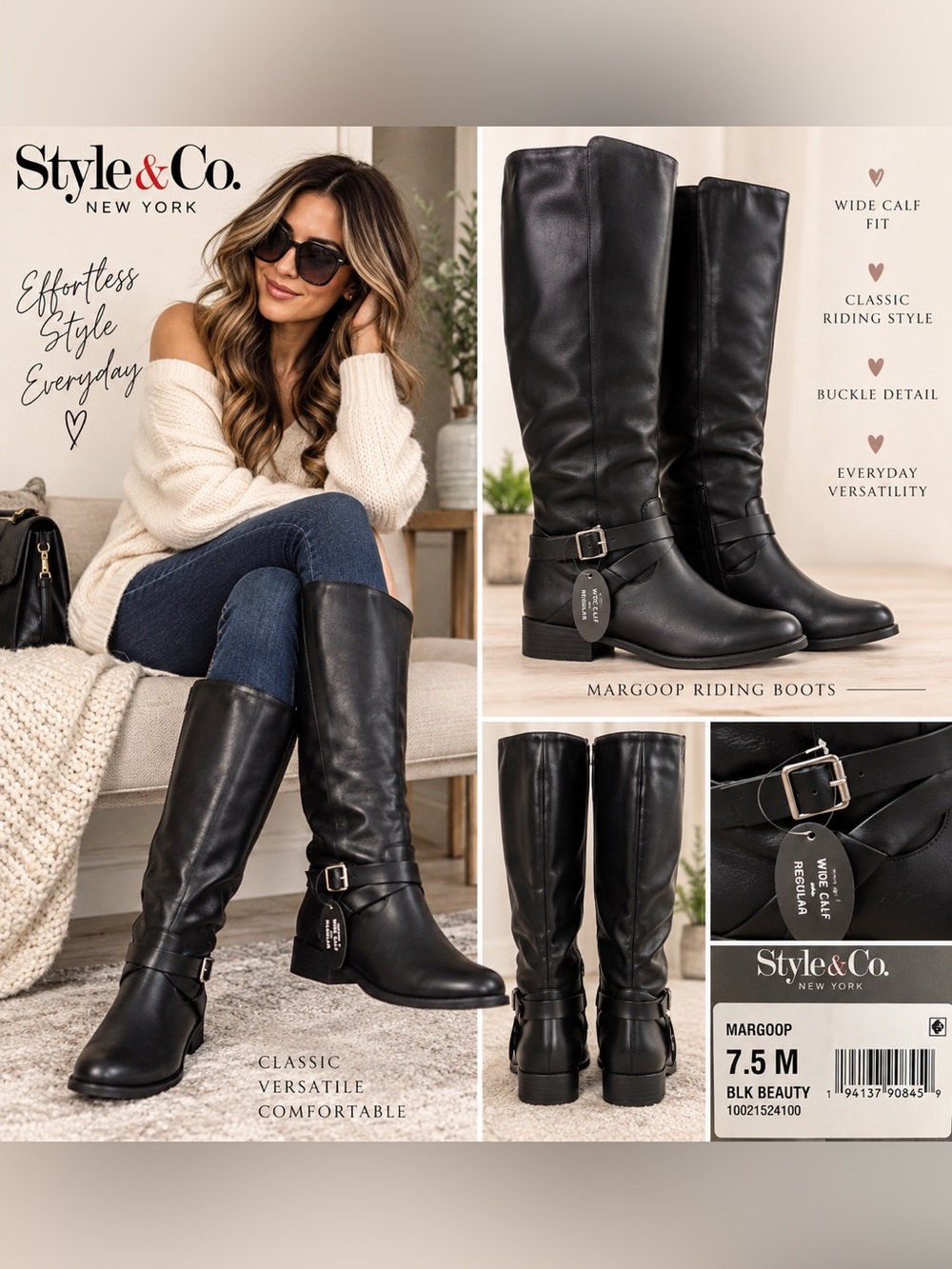 Style & Co. Margoop Black Riding Boots - Classic Wide Calf